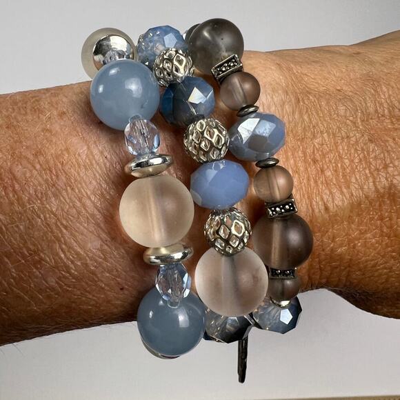 Handmade Beaded Bracelet Trio Sky Blue Gray Silver Tone Beads - Picture 7 of 9